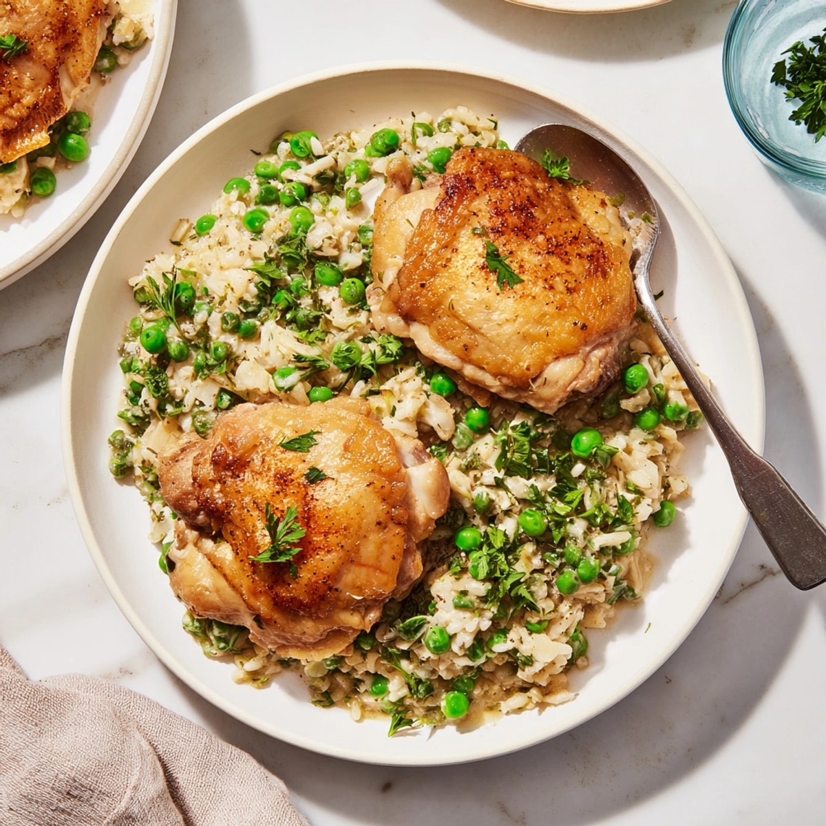 Steaming one-pot creamy lemon chicken and rice with golden seared chicken and vibrant peas.