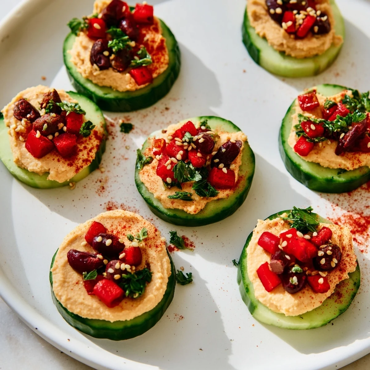 Quick Hummus and Cucumber Bites: Creamy hummus sits atop crisp cucumber rounds, ready to enjoy.