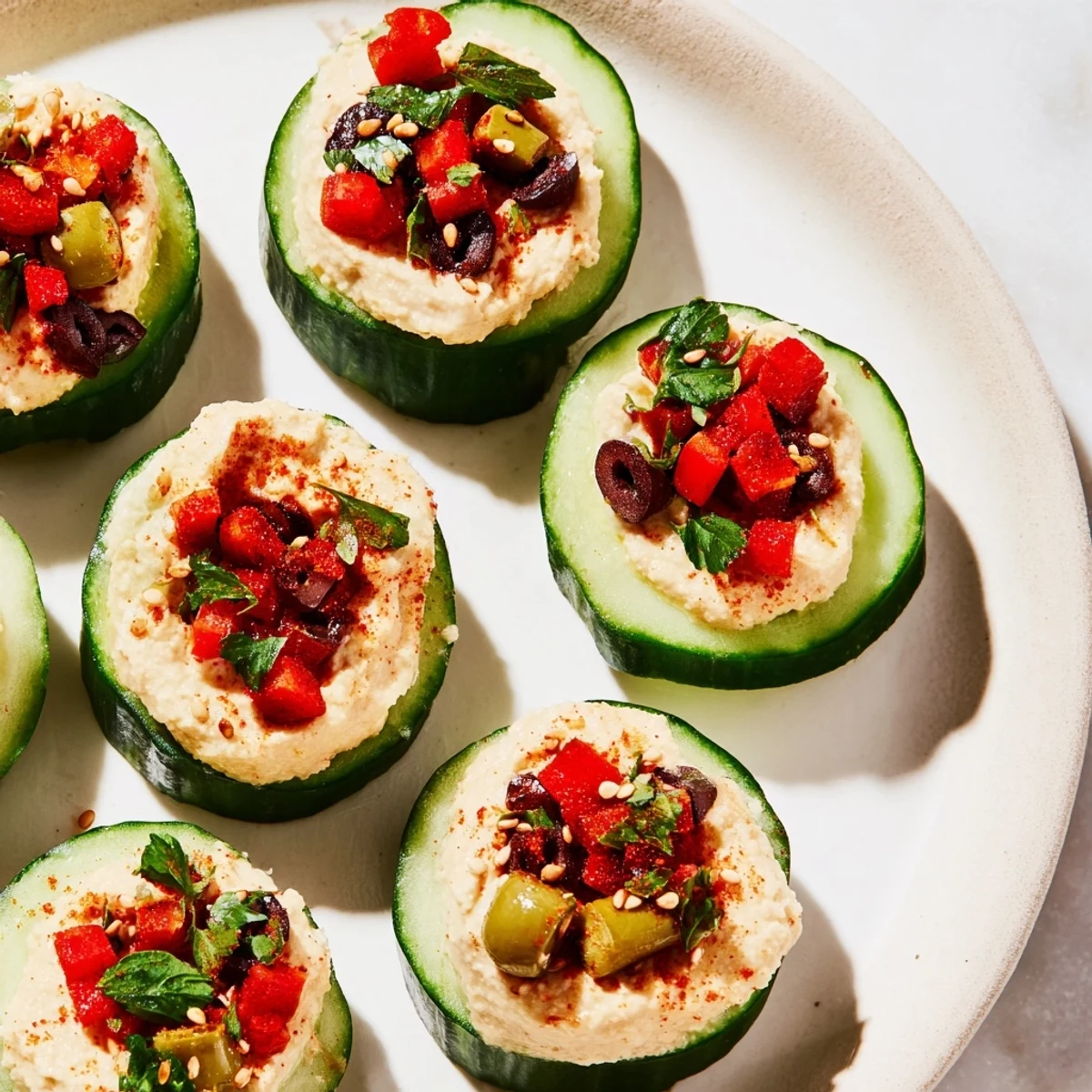 Fresh Quick Hummus and Cucumber Bites garnished with vibrant red pepper and green parsley.