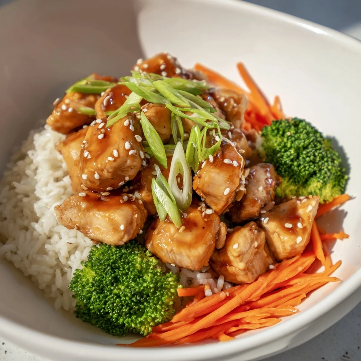 Easy Chicken Teriyaki Bowls: Sizzling chicken, carrots, and broccoli coated in a glossy teriyaki sauce.