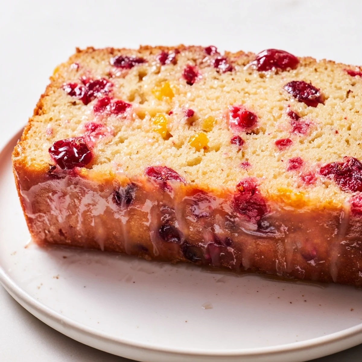 A freshly baked loaf of Seasonal Cranberry and Orange Bread; the top is beautifully cracked.