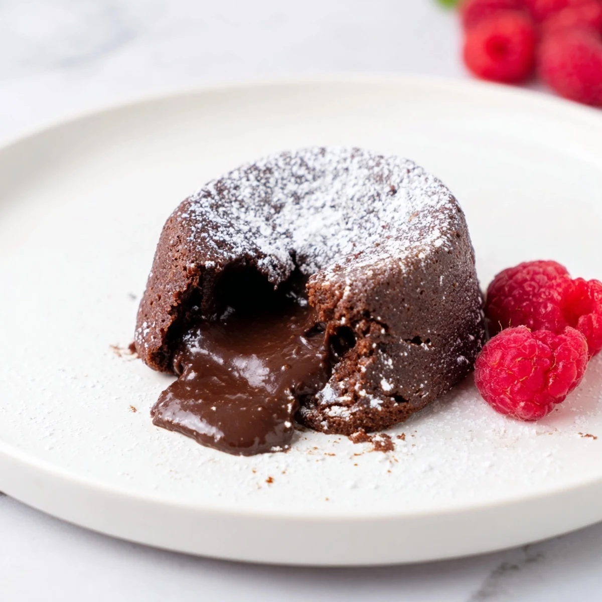 Warm, gooey center of these mini chocolate lava cakes, perfect for a decadent dessert.