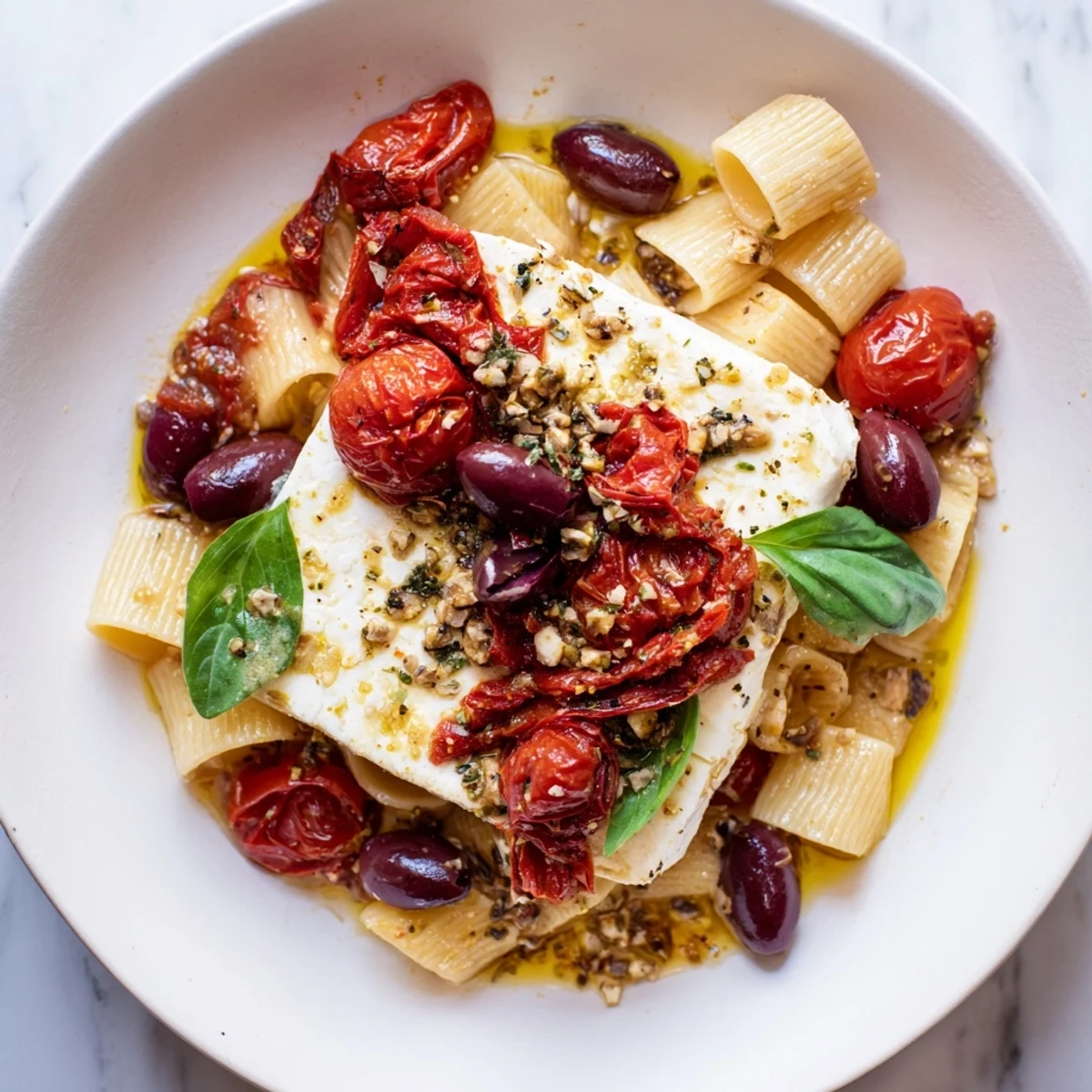 A photo of Baked Feta Pasta, showing creamy feta cheese and roasted cherry tomatoes.
