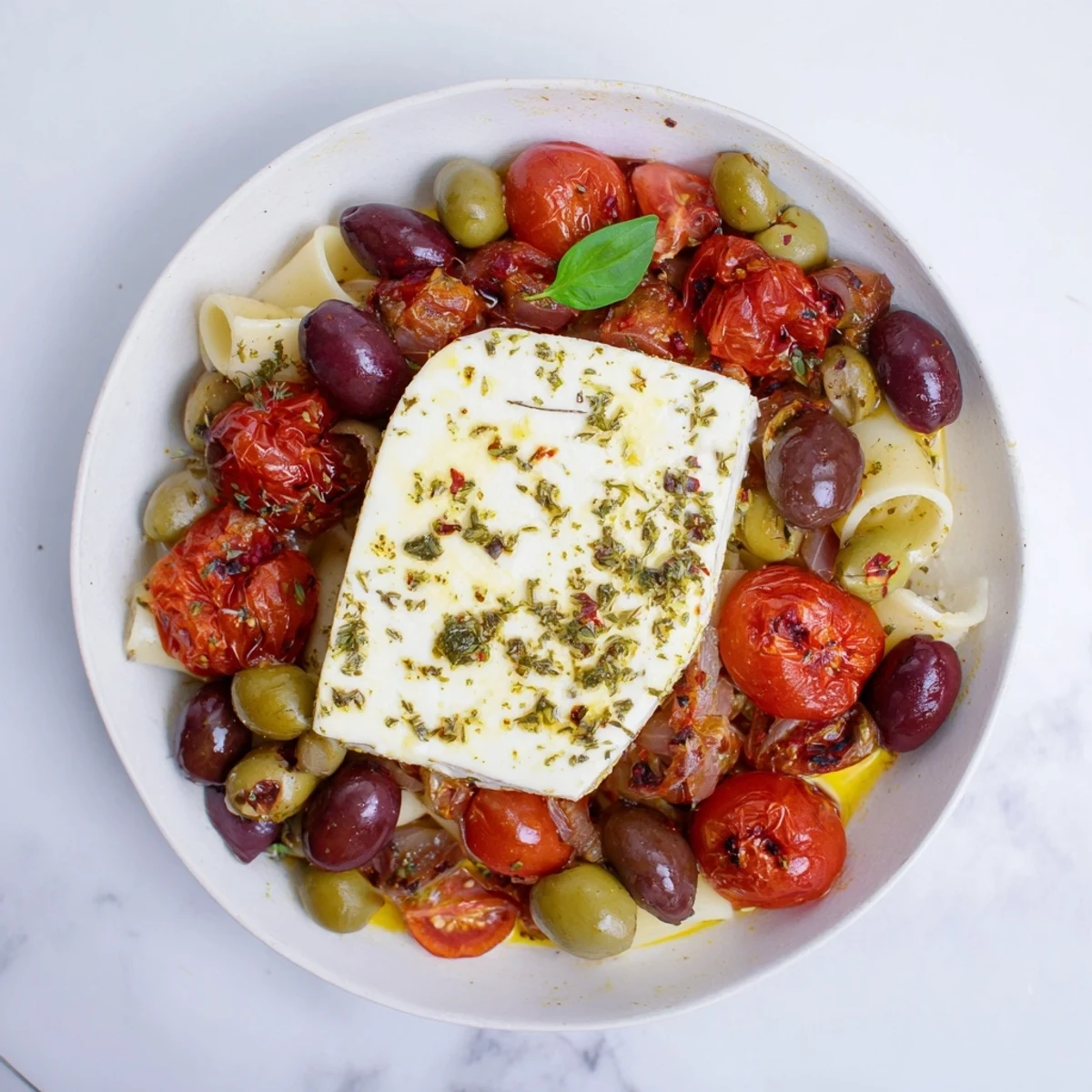 Golden, bubbling Baked Feta Pasta with vibrant tomatoes and fresh basil, ready to eat.