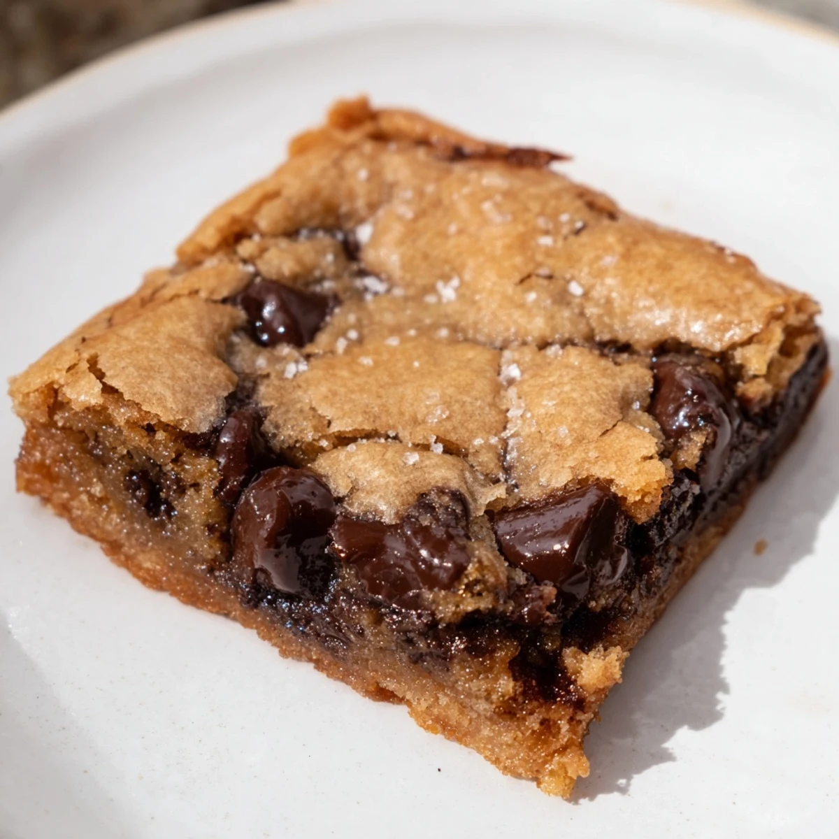 A close-up of Ultimate Gooey Chocolate Chip Cookie Bars, hinting at the delightful, gooey texture after baking.