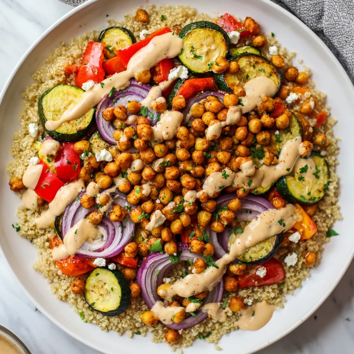 Mediterranean Chickpea and Veggie Grain Bowl topped with fresh parsley, feta, and a bright lemon wedge.