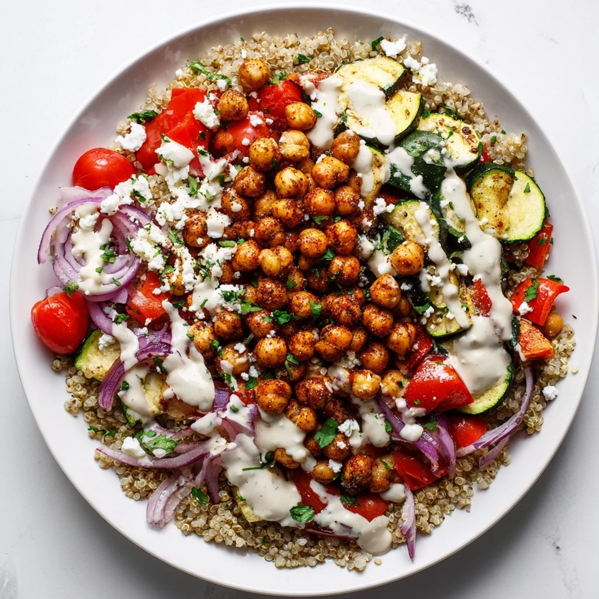 Warm Mediterranean Chickpea and Veggie Grain Bowl with roasted vegetables glistening in olive oil, ready to be enjoyed.