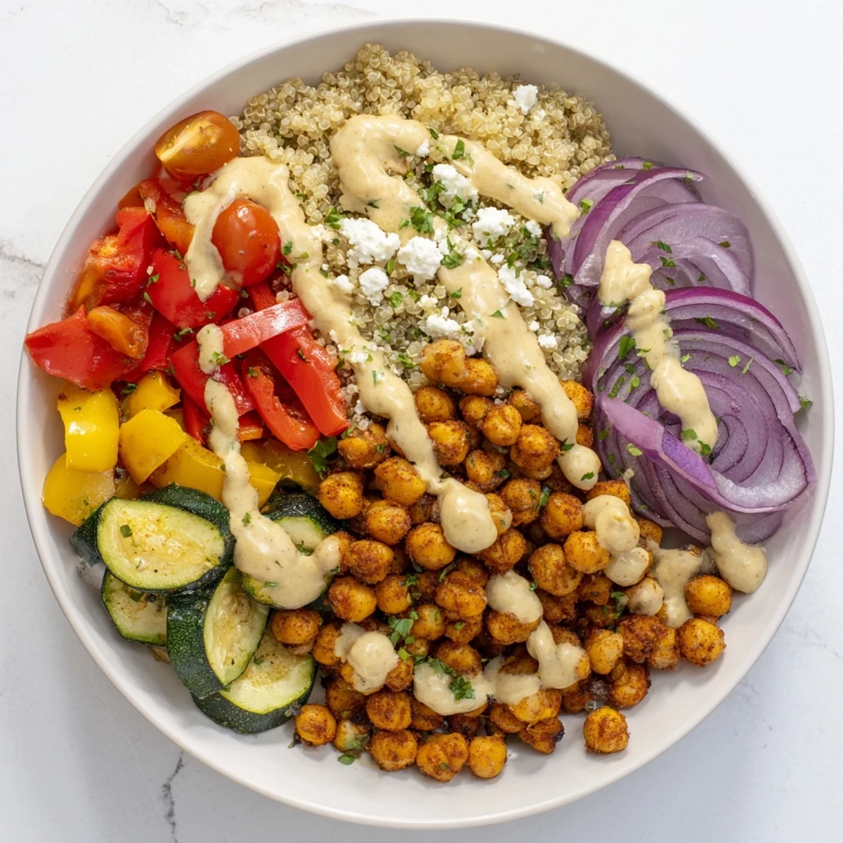 A colorful photo of the flavorful Mediterranean Chickpea and Veggie Grain Bowl, perfect for a healthy vegetarian meal.