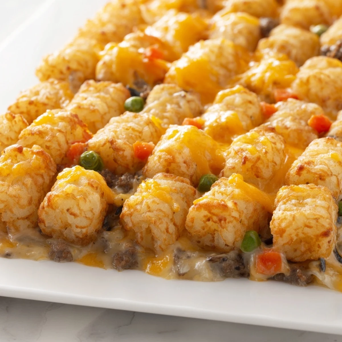 Golden-brown tater tots topping a bubbly Family Favorite Tater Tot Casserole, filled with savory ground beef.