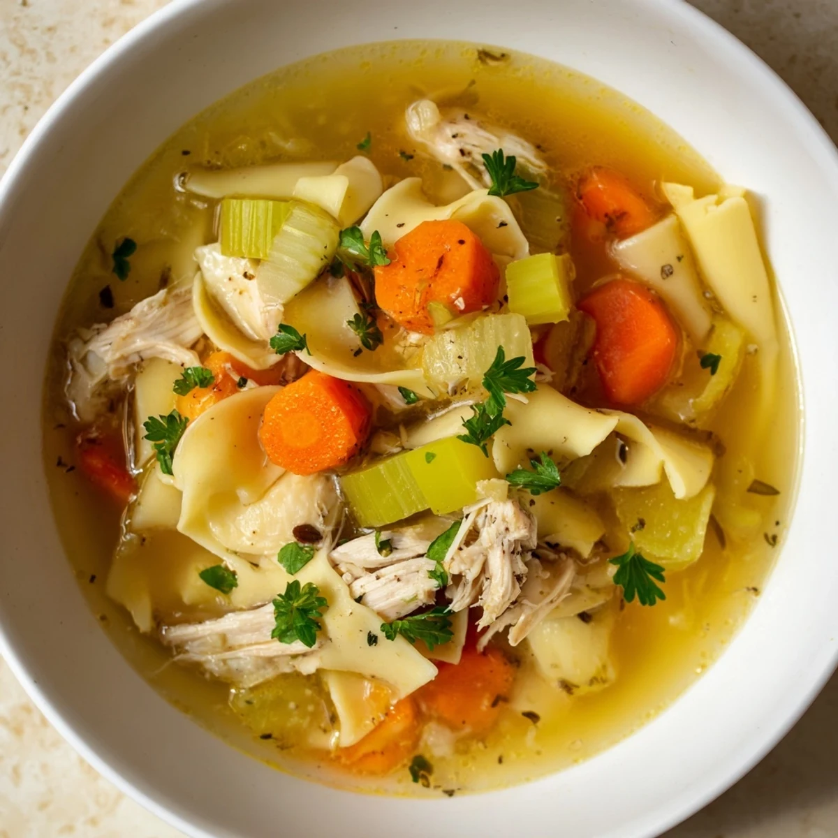 Steaming bowl of Cozy Chicken Noodle Soup from Scratch, with golden broth and tender chicken visible.