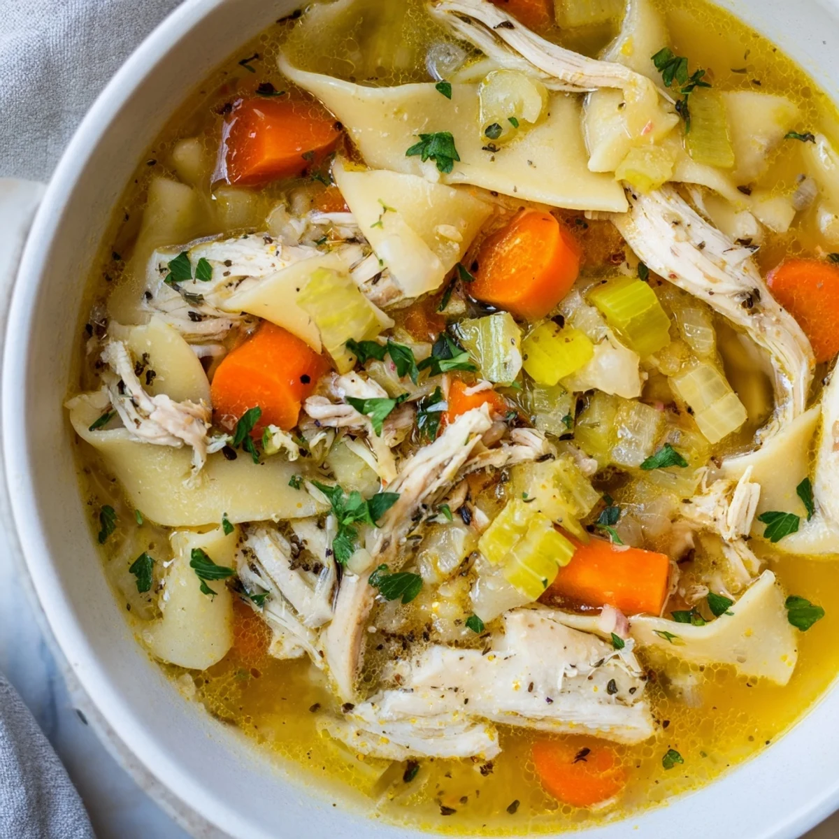 Delicious, warm Cozy Chicken Noodle Soup from Scratch, perfectly garnished and ready to be served.