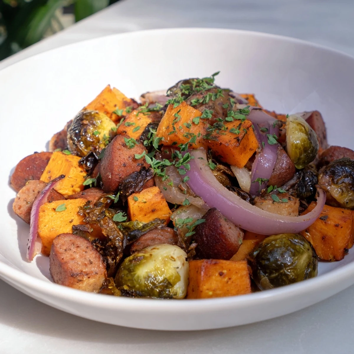 Sheet pan sausage, sweet potato, and Brussels sprouts, beautifully roasted with crispy edges, ready to serve.