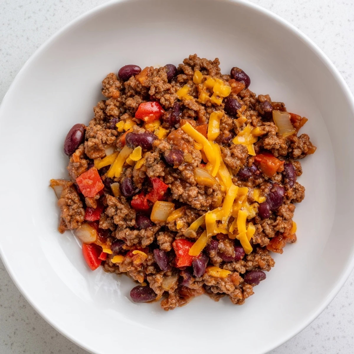 Steaming Simple Weeknight Chili with melted cheddar cheese, perfect for a cozy dinner.