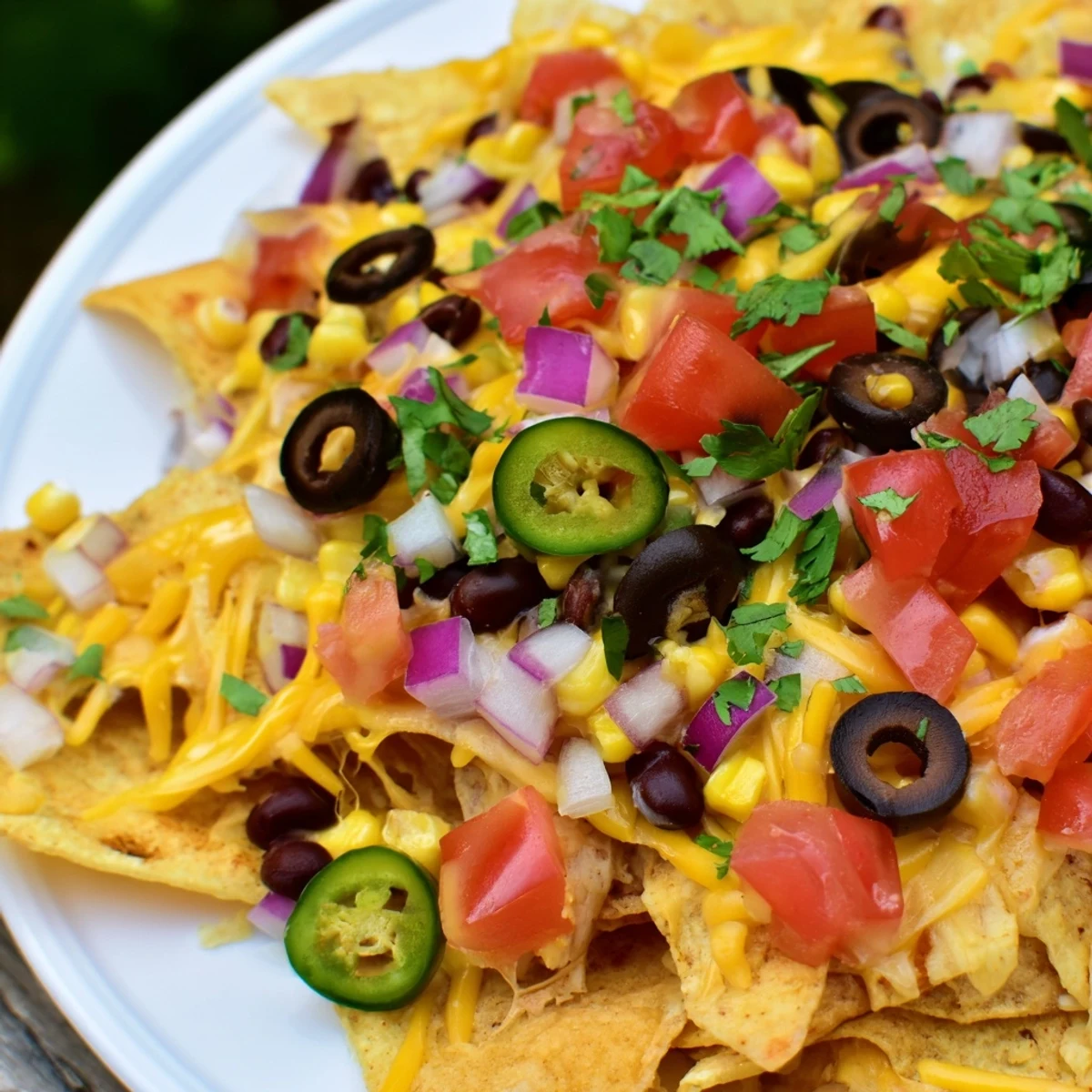 Vibrant sheet pan nachos bursting with color from tomatoes, onions, and cilantro, ready to eat.