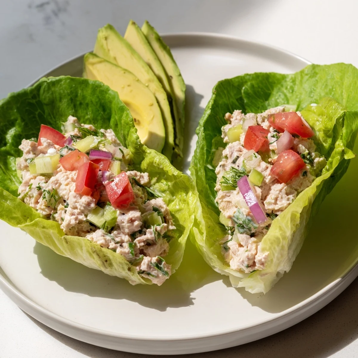 Fresh vibrant tuna salad lettuce wraps, filled with creamy tuna and avocado, ready to eat.