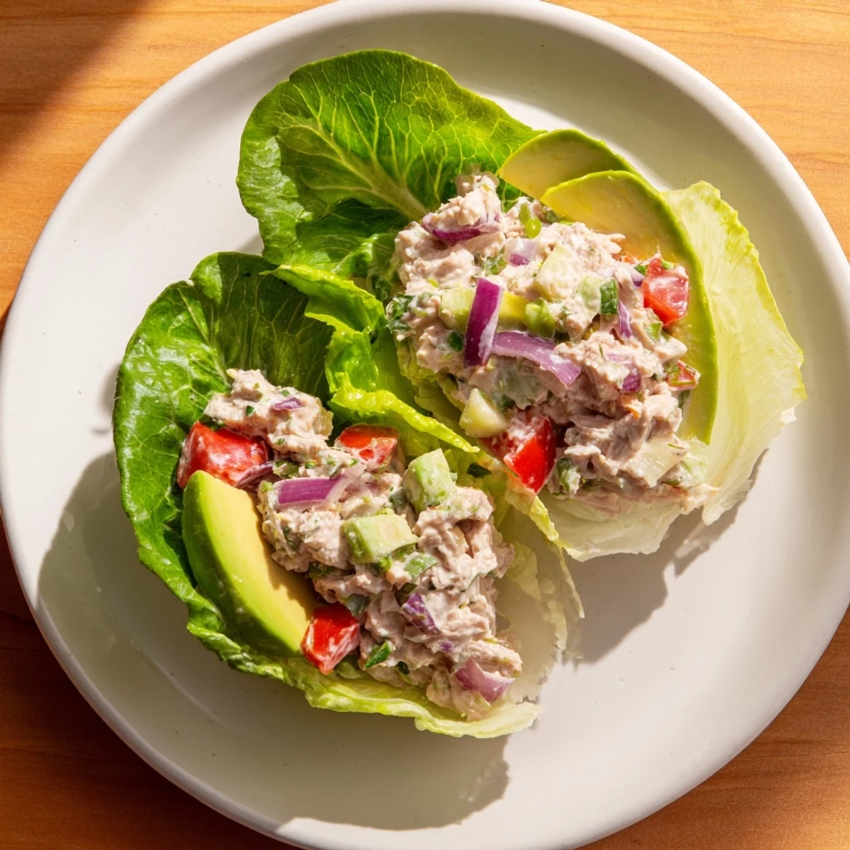 View of a refreshing tuna salad lettuce wrap, showcasing healthy ingredients and easy preparation.