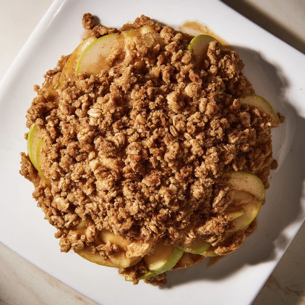 Golden-brown Rustic Apple and Cinnamon Crumb Bake, warm and bubbly from the oven, ready to serve.