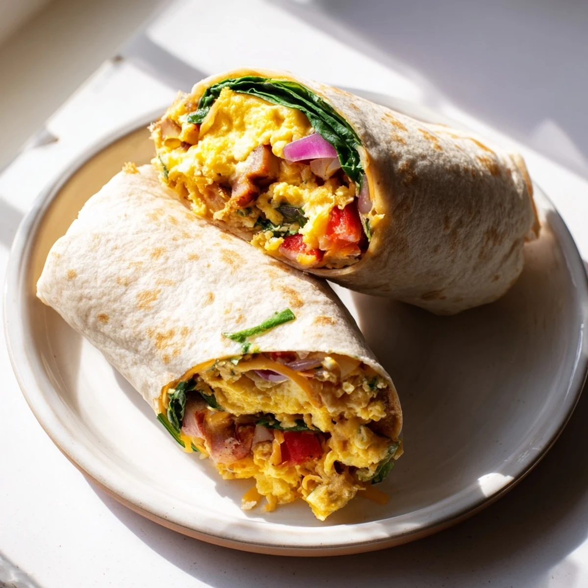 Golden, cheesy Make-Ahead Breakfast Burritos ready to be rolled up with a melty cheese topping.