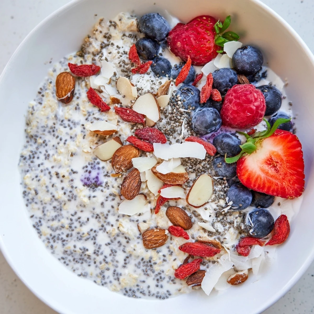 Creamy overnight oats with berries and chia seeds, a chilled and vibrant breakfast.