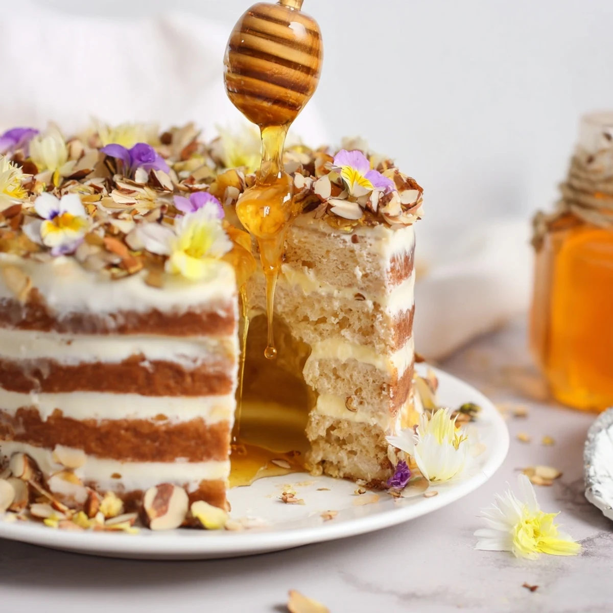 The golden, layered Honey-Drip cake, crowned with toasted almonds and a pot of flowing honey.