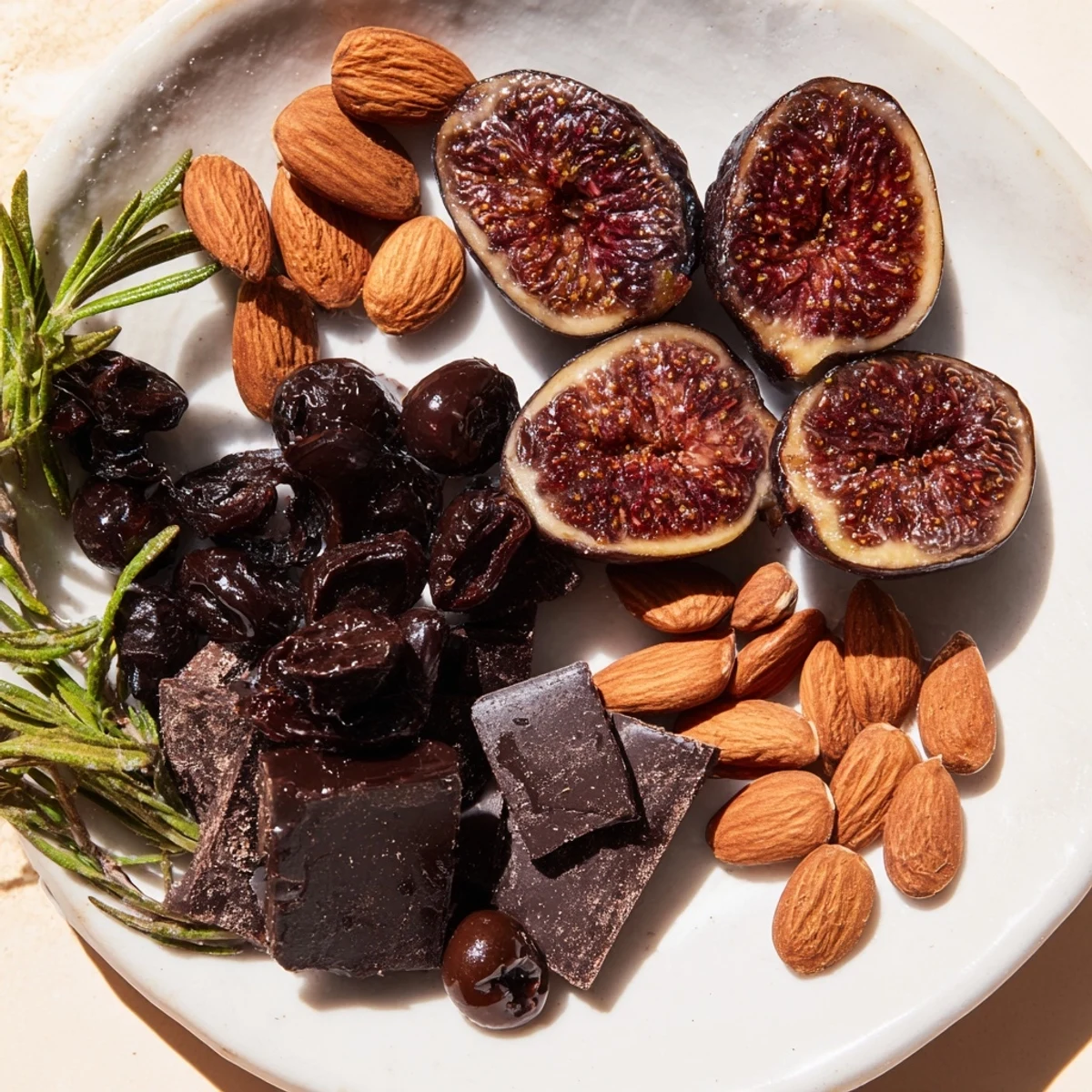 A beautifully balanced Winter Solstice Board showing savory olives, figs, and decadent dark chocolate alongside Brie cheese.