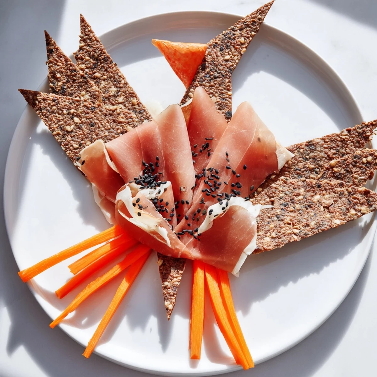 Paper Crane appetizer arranged on a platter, showcasing artful folds of cured meats and crackers.