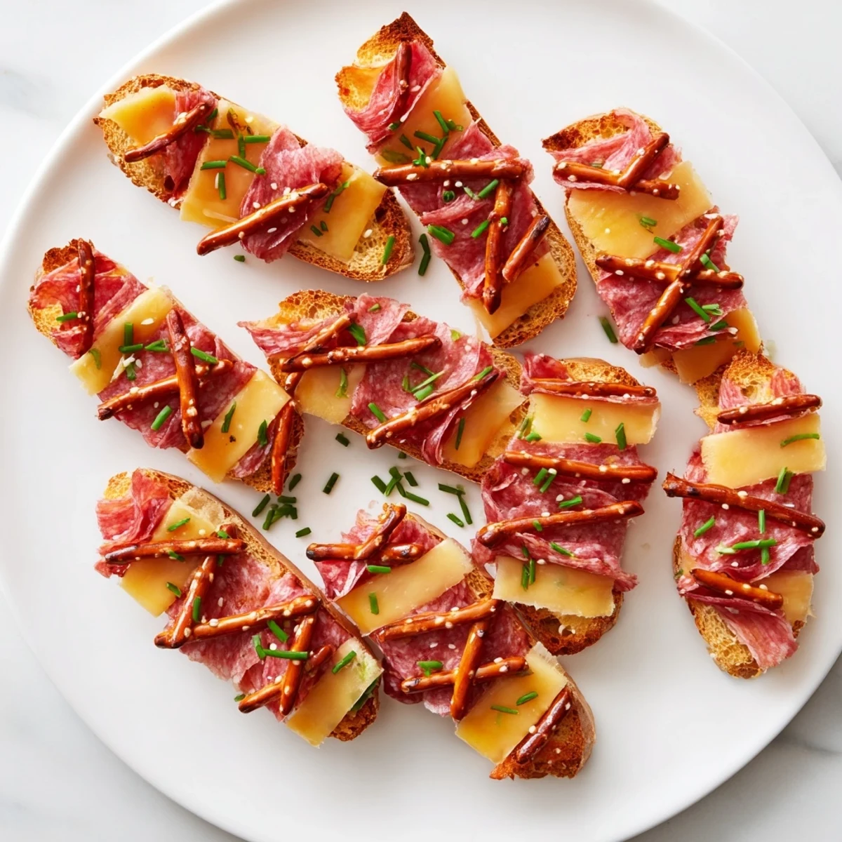 A vibrant lattice window of pretzels tops a savory The Lattice Window appetizer showcasing meats and cheeses.