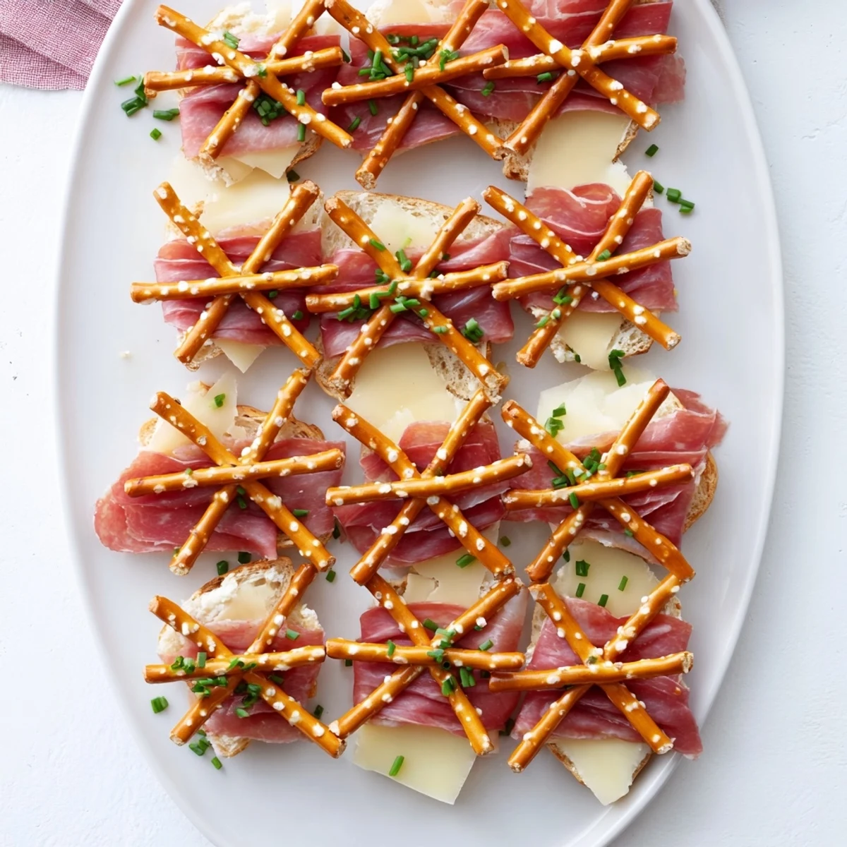 The Lattice Window appetizer presents a beautiful arrangement with crispy pretzels forming a tasty lattice over meats.