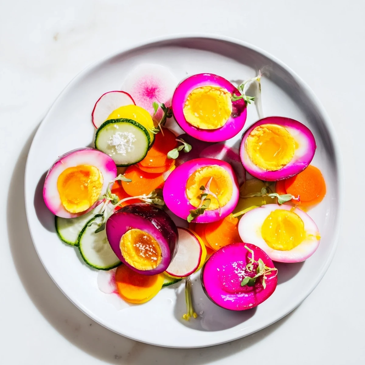 Vibrant The Neon Night appetizer showcases colorful pickled vegetables, beet-stained eggs, and fresh fruits beautifully.