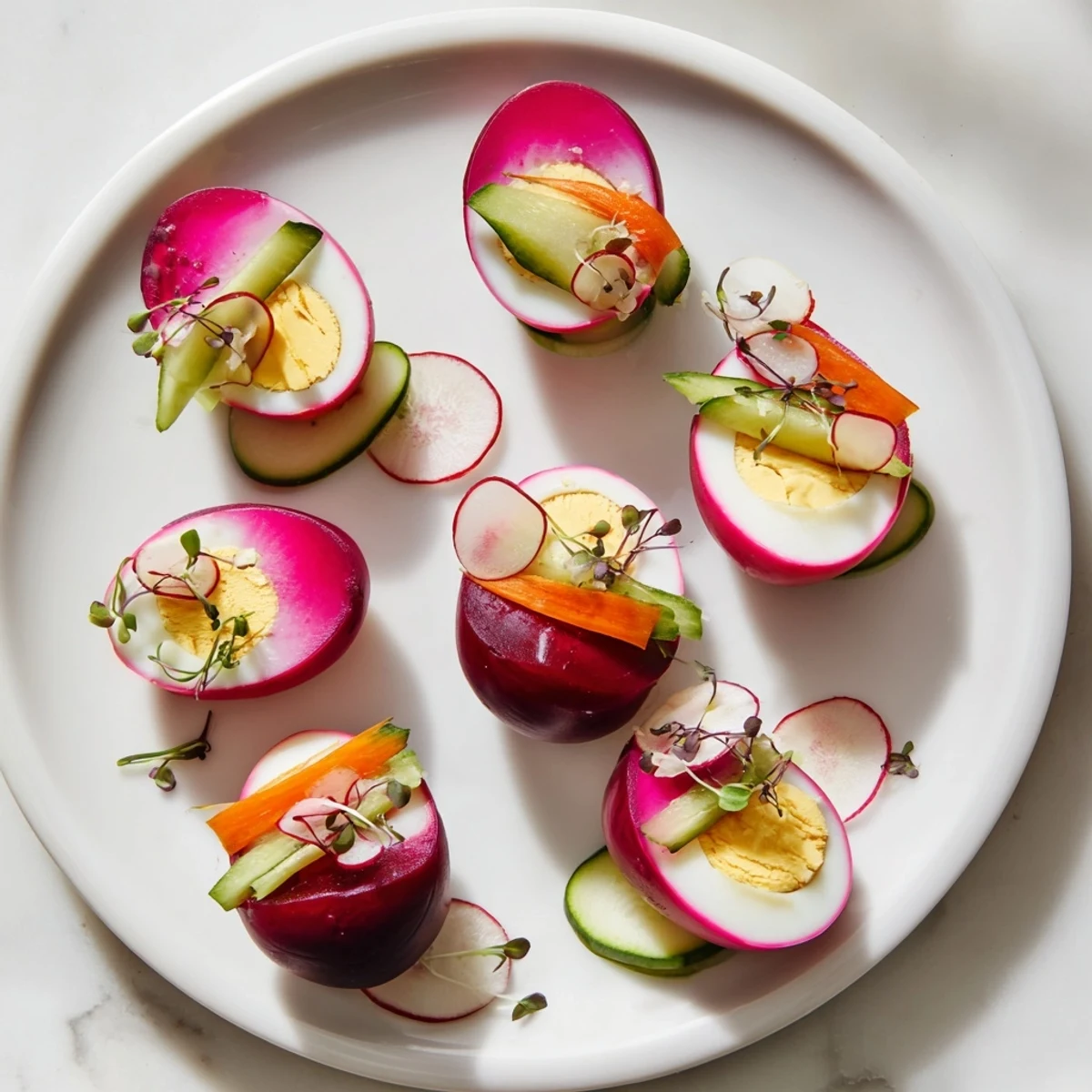 A dark serving board displays The Neon Night's vivid arrangement of pickles, brightly dyed eggs, and juicy fruits.