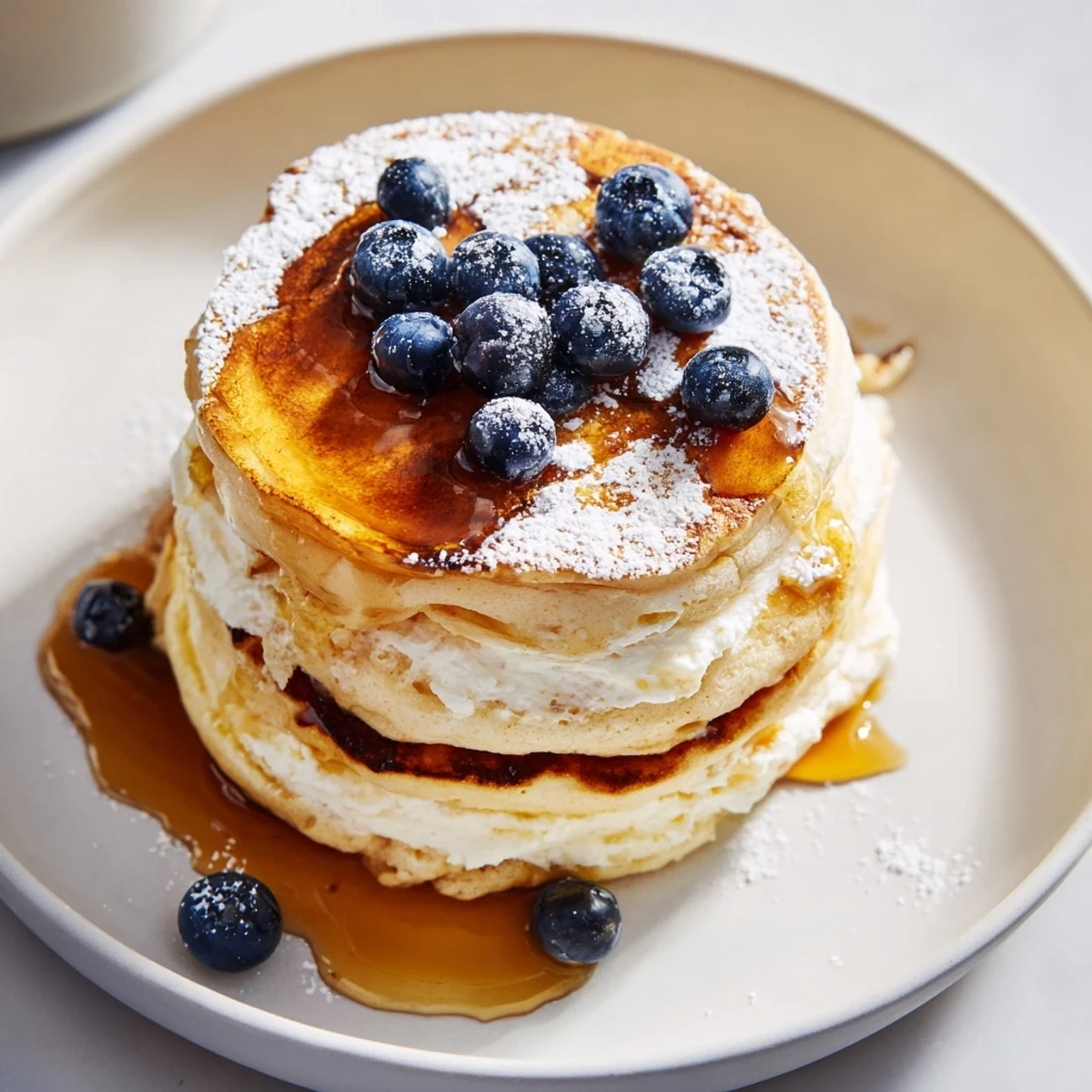 Fluffy Light Ricotta Pancakes topped with fresh berries, a delightful, homemade breakfast treat.