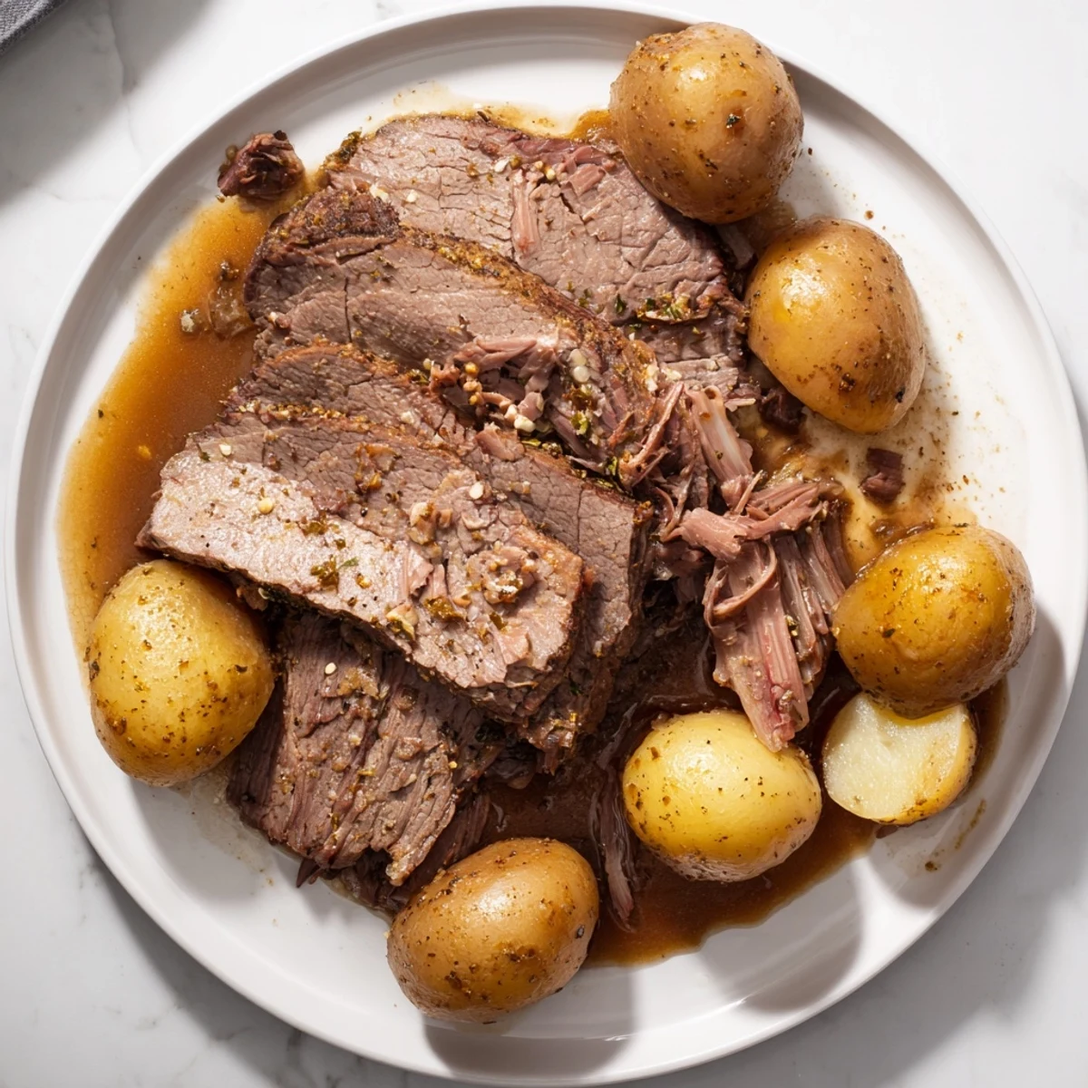 Tender slow cooker pot roast, perfect for a cozy dinner, served with potatoes and savory gravy.