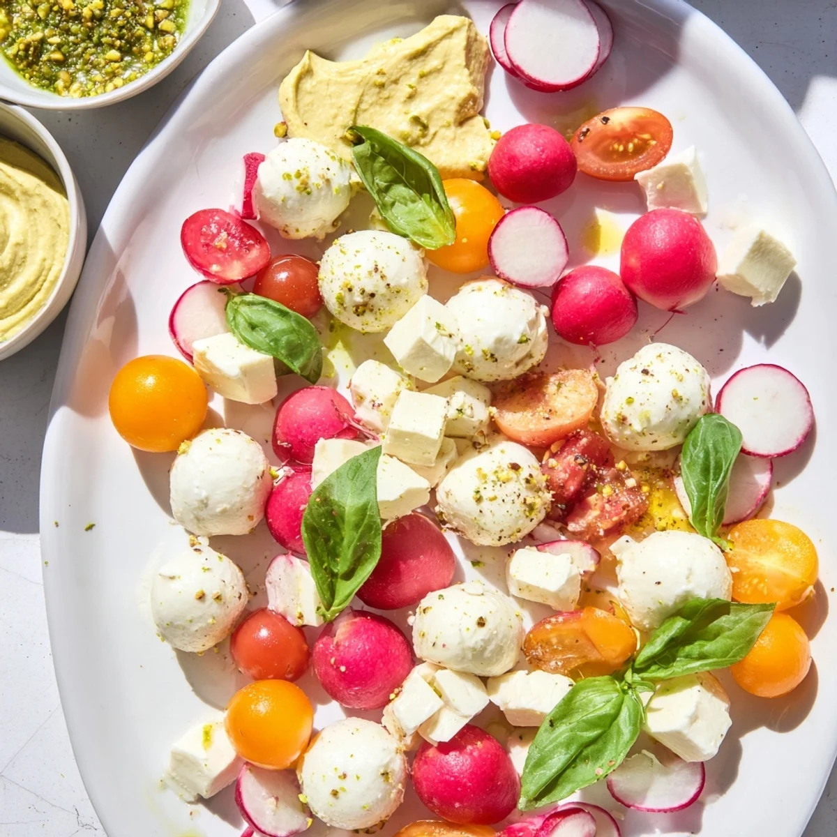 Appetizing Hanging Gardens appetizer with vibrant veggies, fruits, cheese, and colorful dipping sauces ready to serve.
