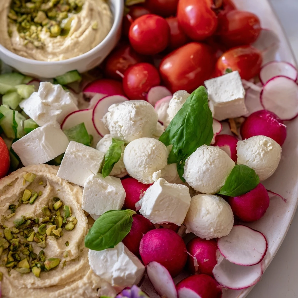 An artistic Hanging Gardens appetizer: a delicious assortment of fresh ingredients attractively arranged on tiered mini-stands.