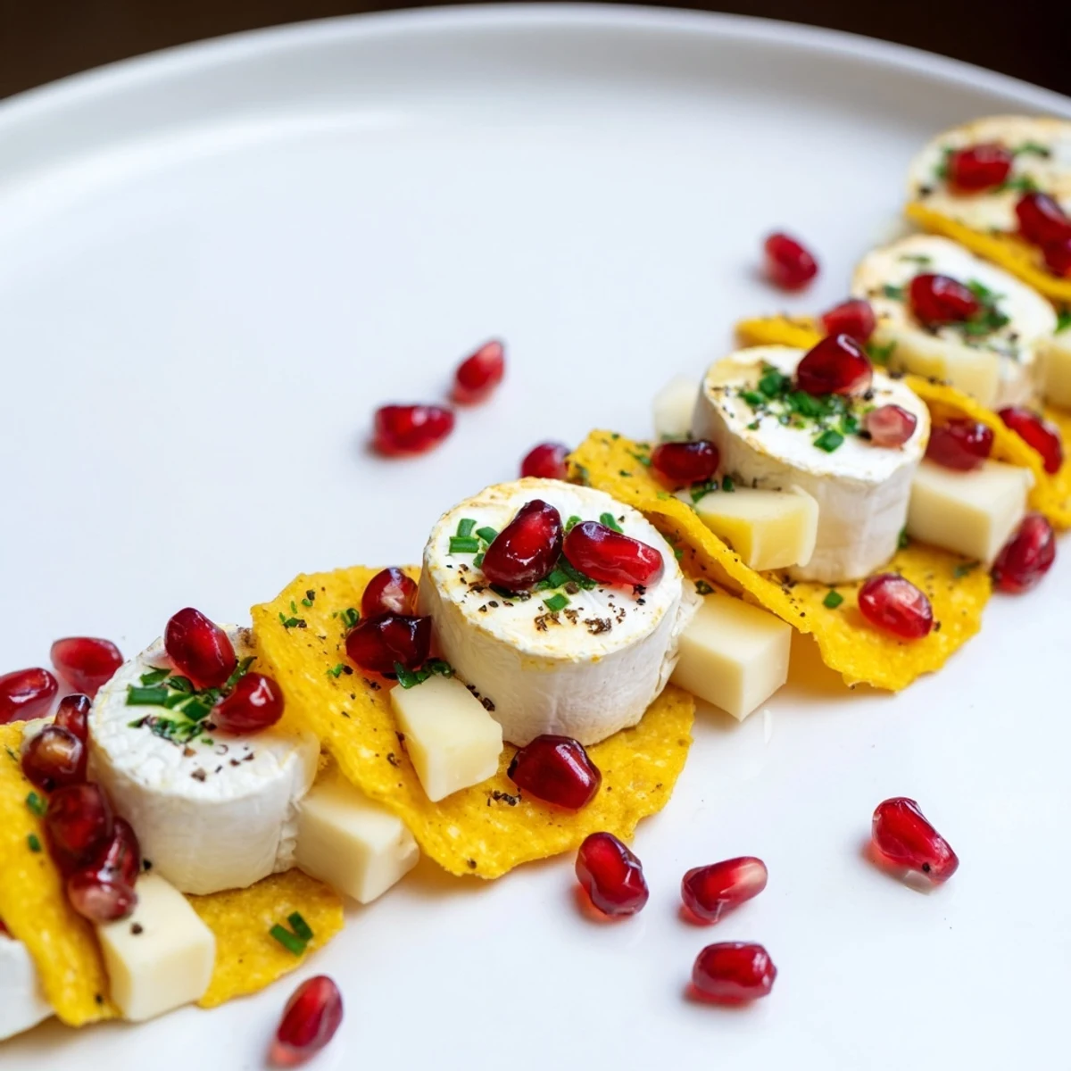 Appetizing The Stepping Stones appetizer: cheese rounds stepping across a vibrant river of blue corn chips.