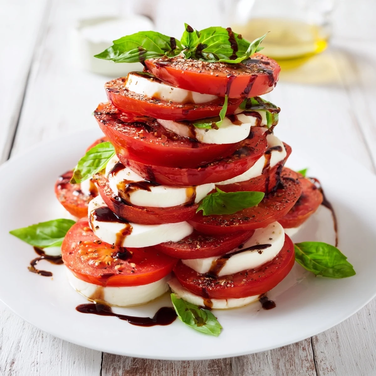 Stacked high, Tuscan Pillar appetizer with red tomatoes, creamy mozzarella, and basil, drizzled beautifully.