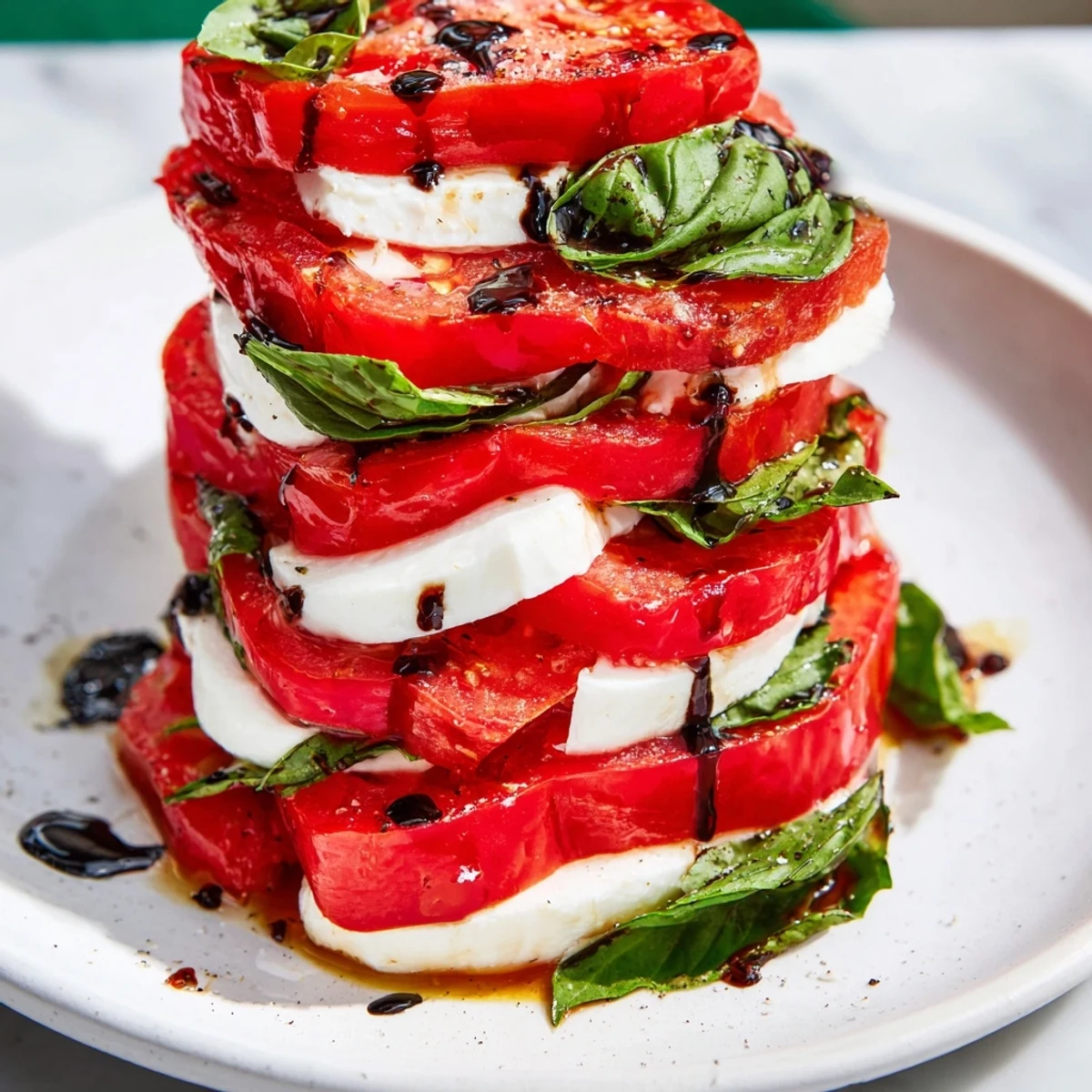 This Tuscan Pillar presents a vibrant display of layered tomatoes, mozzarella, and basil drizzled with glaze.