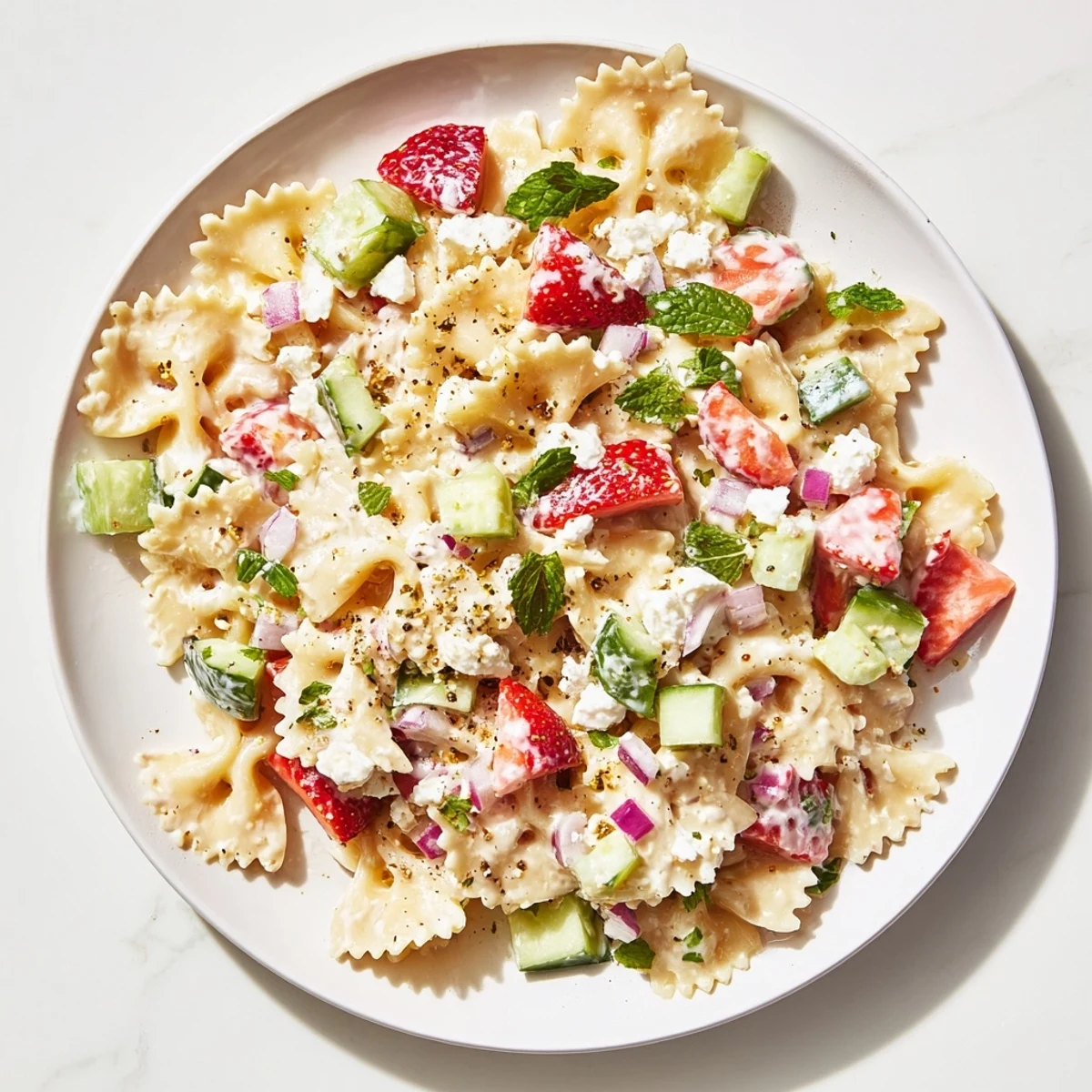 A vibrant bowl of Strawberry Feta Pasta, featuring ruby red strawberries and creamy feta.