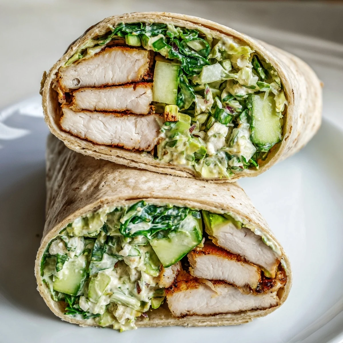 Grilled Green Goddess Chicken Wraps, filled with colorful cabbage salad and sliced chicken, waiting to be enjoyed.