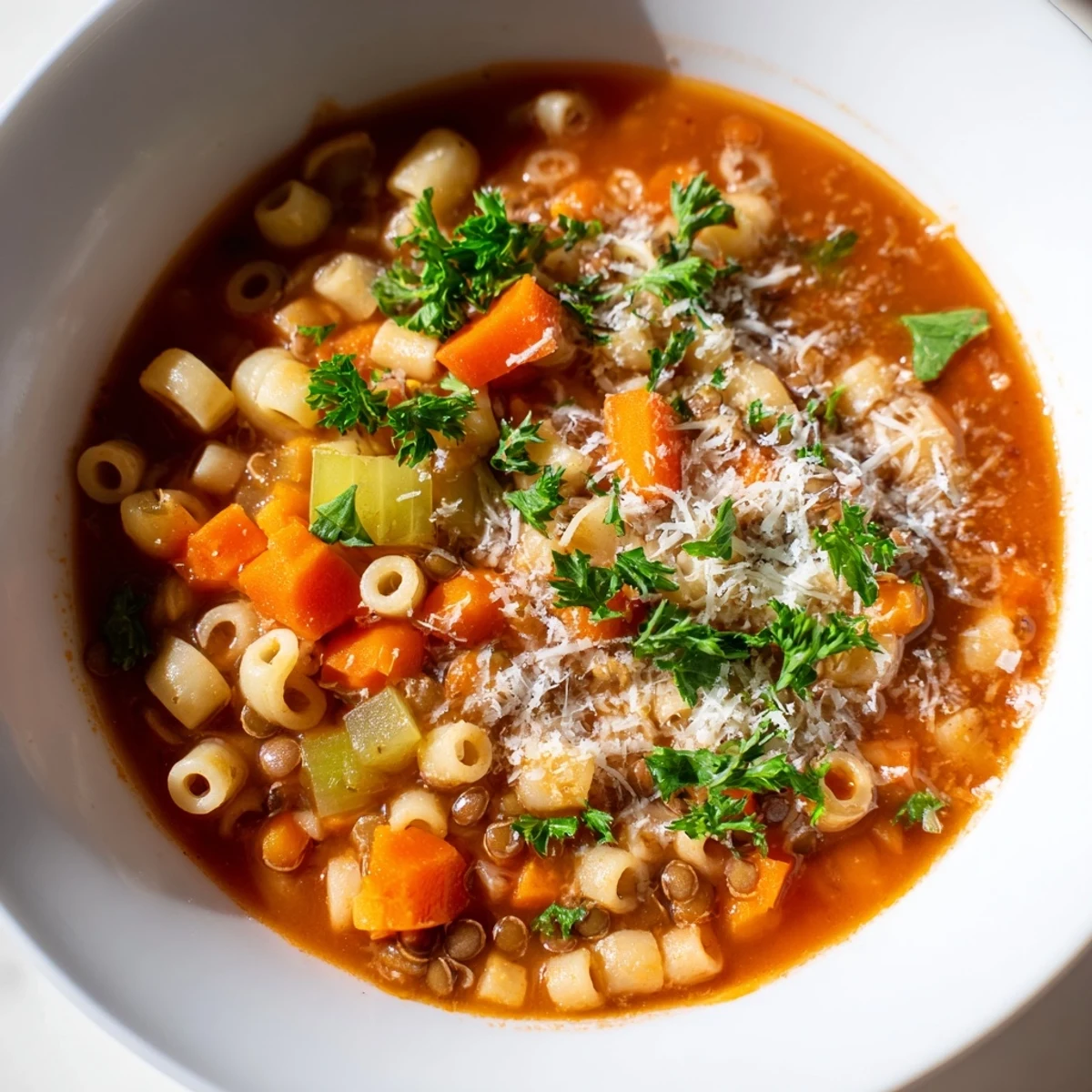 Steaming bowl of Ditalini and Lentil Soup, a rich and hearty Italian vegetable broth.