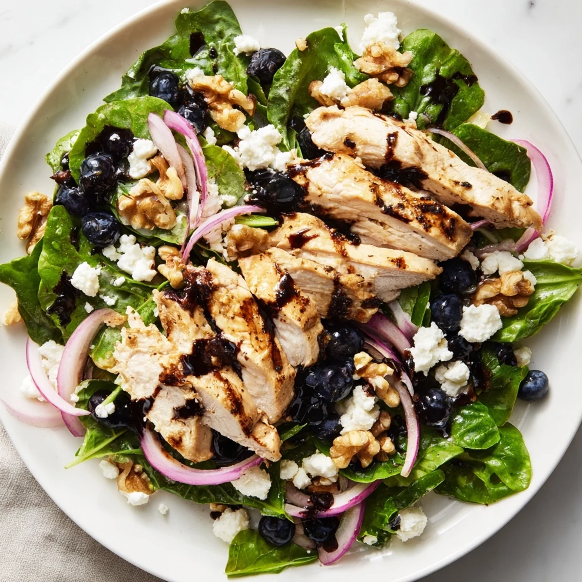 A beautiful bowl of Blueberry Goat Cheese Chicken Salad with vibrant mixed greens and crunchy walnuts for a light lunch.