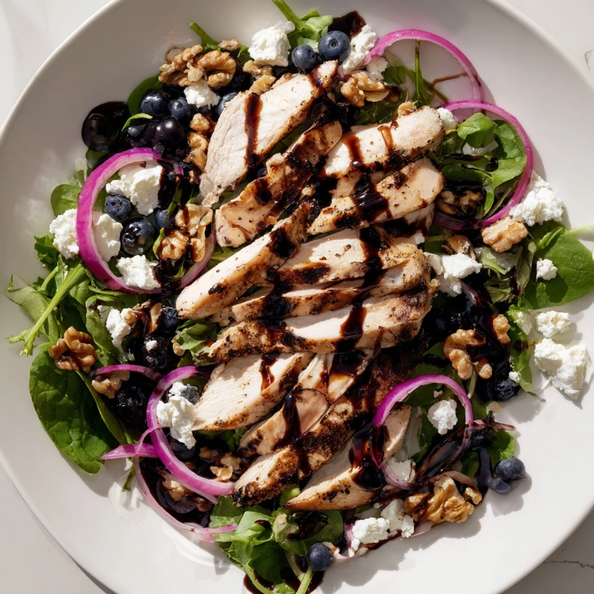 Blueberry Goat Cheese Chicken Salad features juicy chicken, blueberries, and creamy goat cheese drizzled with balsamic glaze.