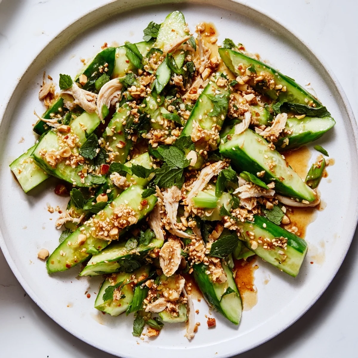 Smashed whole cucumbers in the Whole Cucumber Logan Salad, dressed and topped with juicy rotisserie chicken.