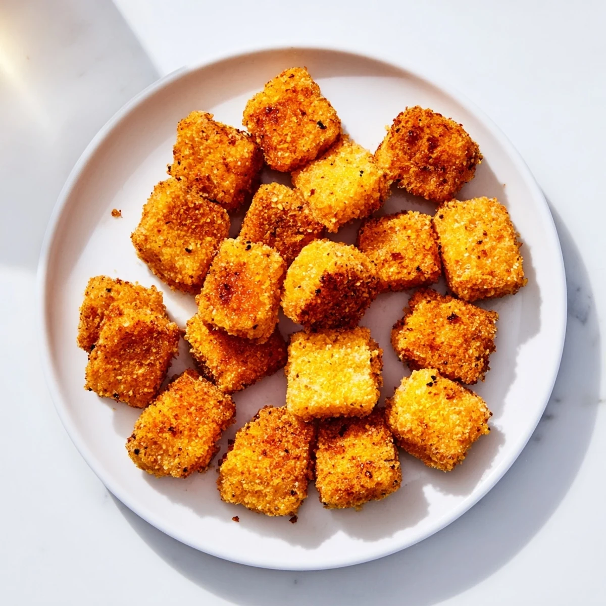 A close-up view of air fryer un-fried chicken nuggets, piled high and ready to be dipped.