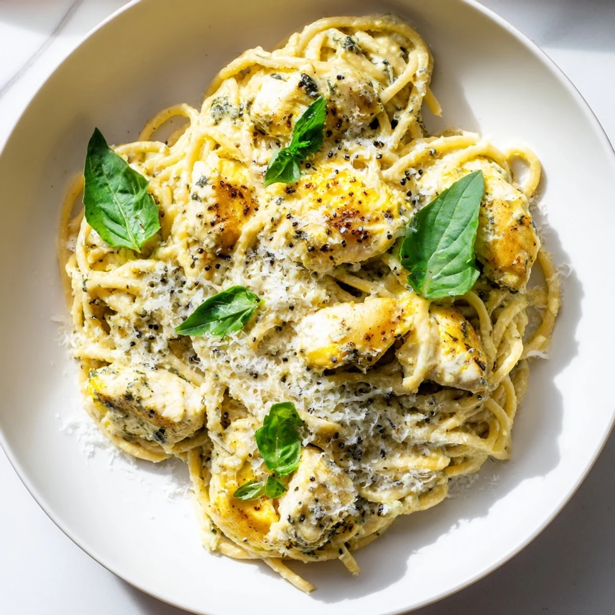 Steaming hot Pesto Egg and Chicken Pasta, coated in creamy pesto sauce and topped with fresh basil.