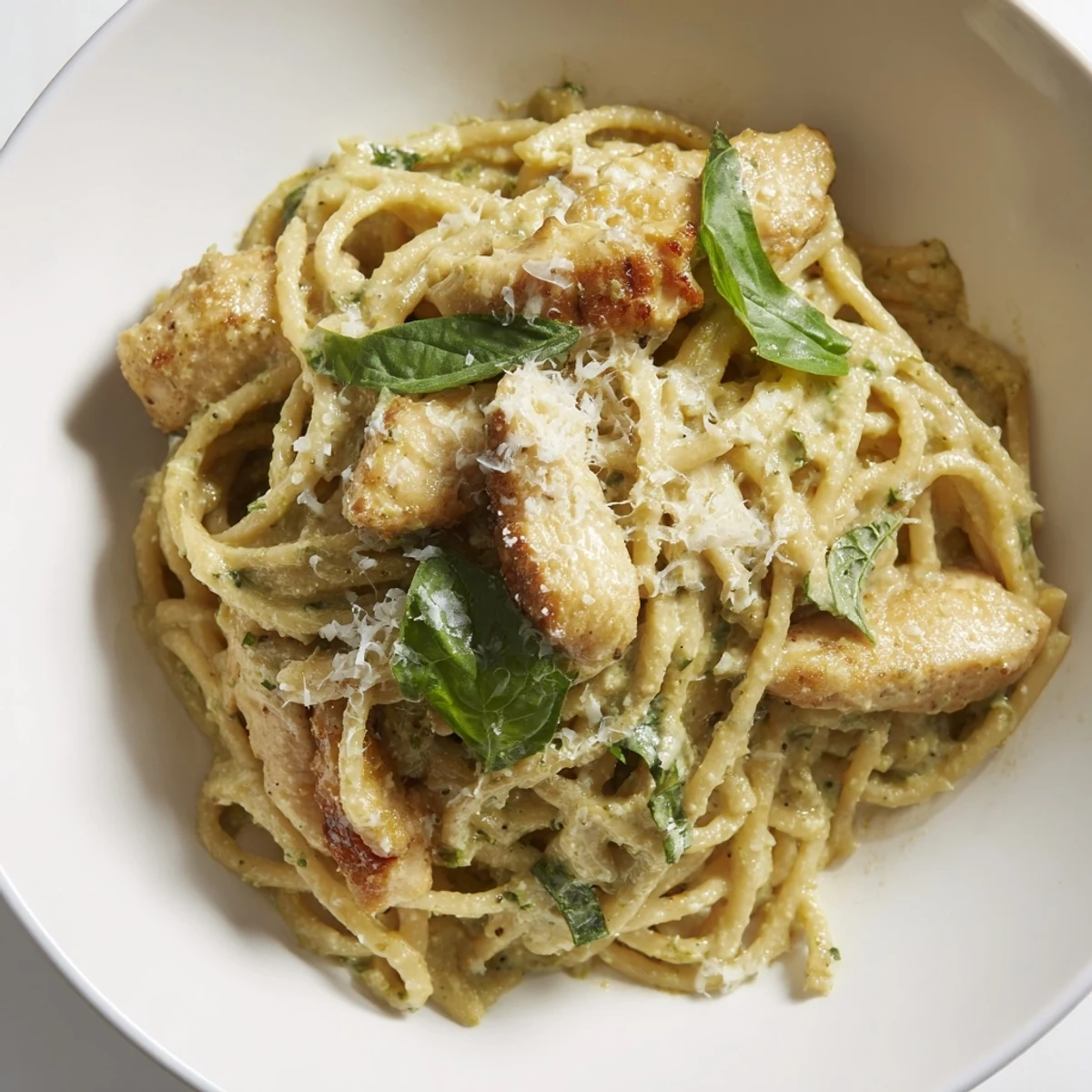A close-up shot of Pesto Egg and Chicken Pasta, showcasing tender chicken amidst a rich egg pesto.