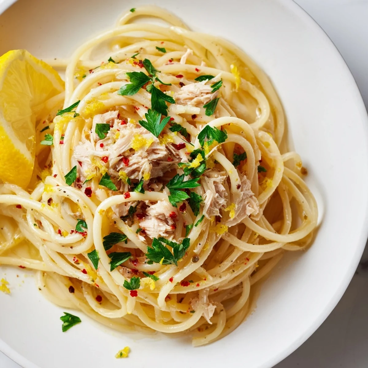 Freshly plated Lemon-Garlic Tuna Spaghetti: A close-up view of the tender spaghetti and tuna.