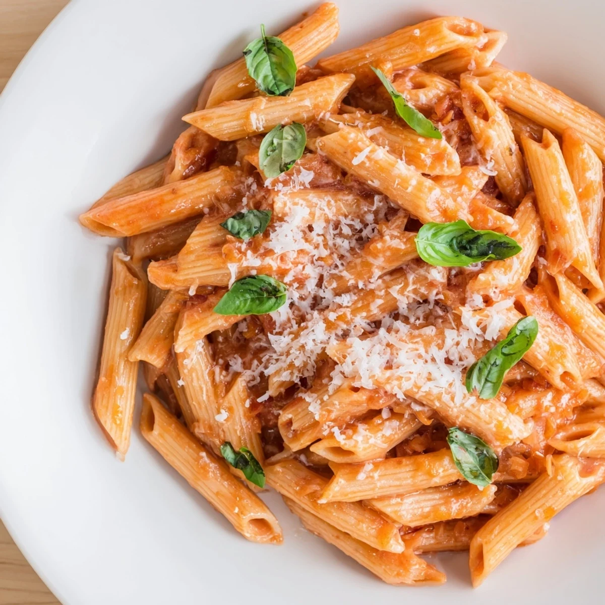 Steaming bowl of Basil Garlic One-Pot Creamy Tomato Pasta, garnished with fresh basil.