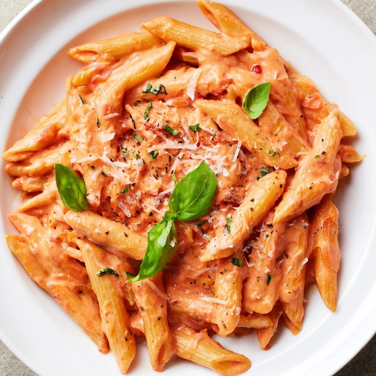 A close-up of the creamy Basil Garlic One-Pot Creamy Tomato Pasta, showing the texture.