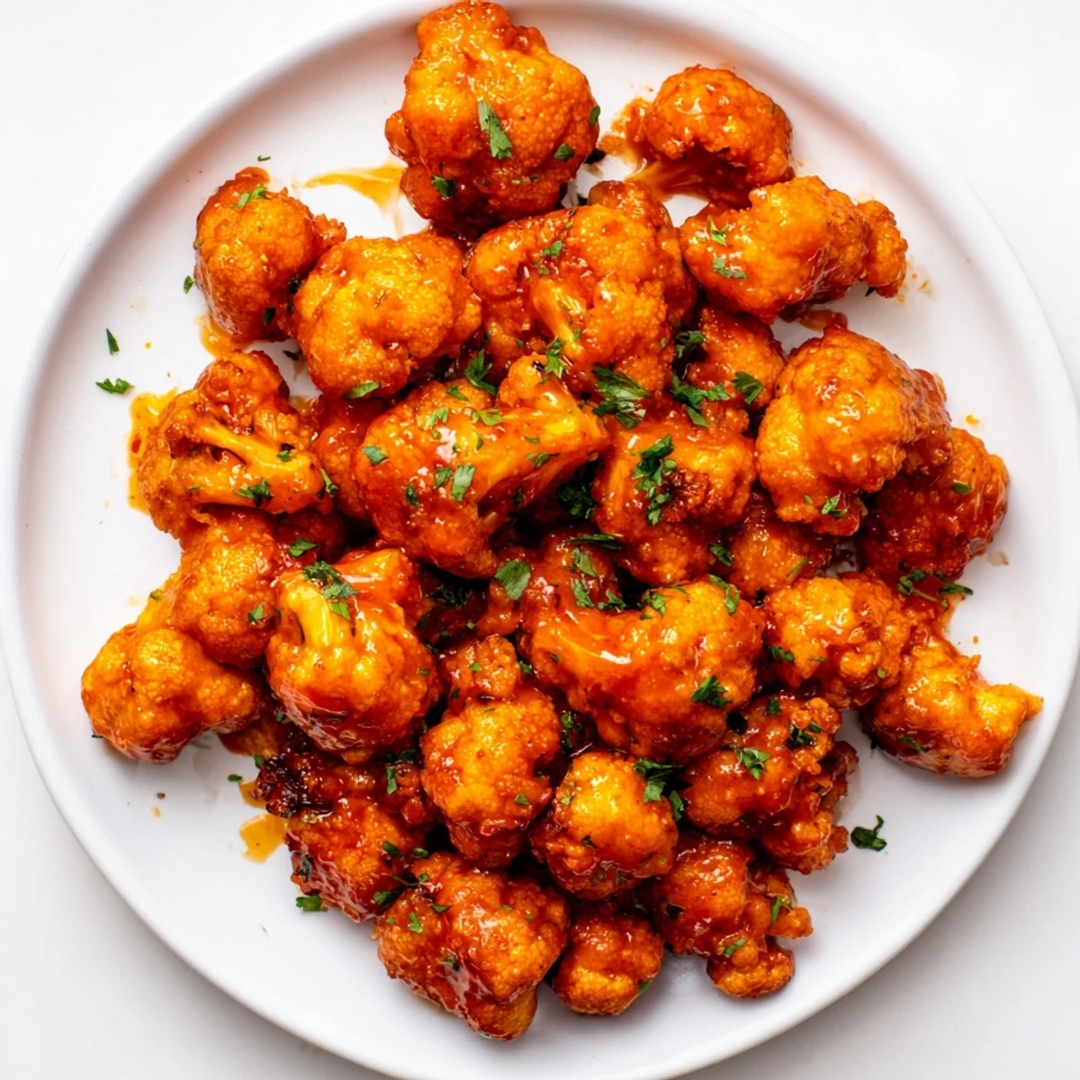 Golden, crispy Sriracha-Buffalo Cauliflower Bites, drizzled in tangy sauce, ready for a flavorful appetizer.